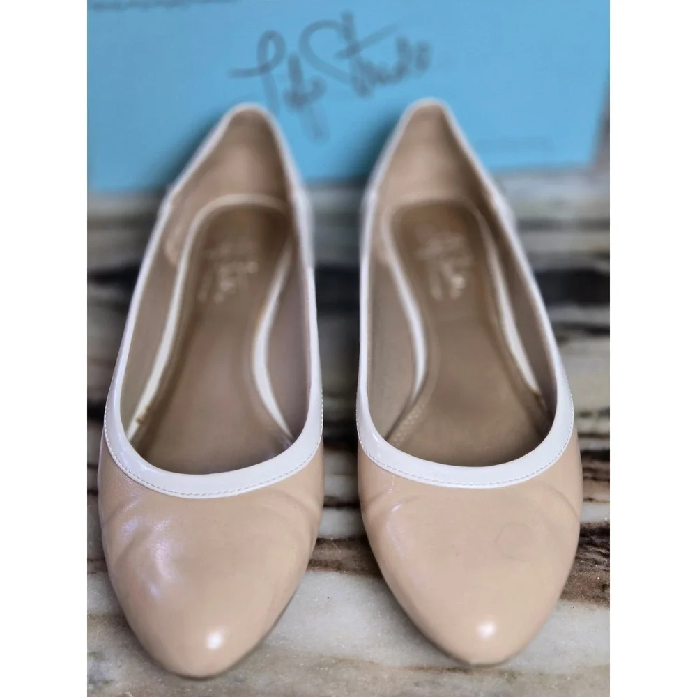 LifeStride GCREACH Womens 8.5M Beige White Patent Pointed‎ Toe Ballet Flats VTG